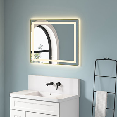 Miroir de salle de bain à DEL 36 "x 28" avec avant et rétroéclairage, brouillard, 3 couleurs, gradation continue, cadre en aluminium doré brossé, montage mural de différents scénarii d'éclairage, températures de couleur,