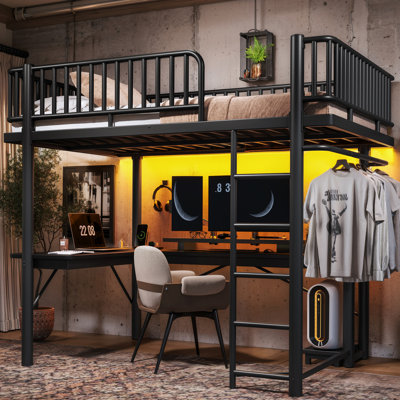Full Loft Bed with L-Shaped Desk,LED Light Strip and Charge Station, Metal Loft Bed with Computer Mainframe Tray and Hanging Area, Special Round Pipe Design, Black