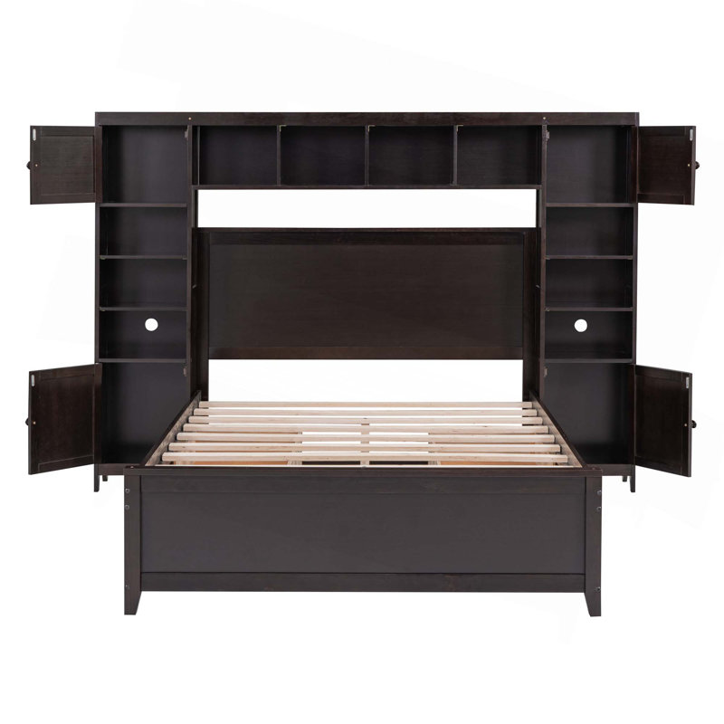 Full Size Wooden Bed With All-In-One Cabinet And Shelf, Espresso