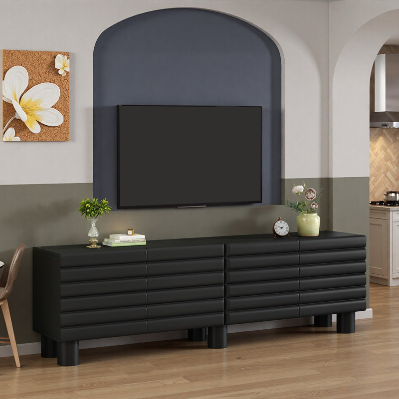 Modern Wavy Door TV Stand for TVs up to 75", Cream Media Console with 4 Cabinets, Adjustable Shelves & Cable Management for Living Room