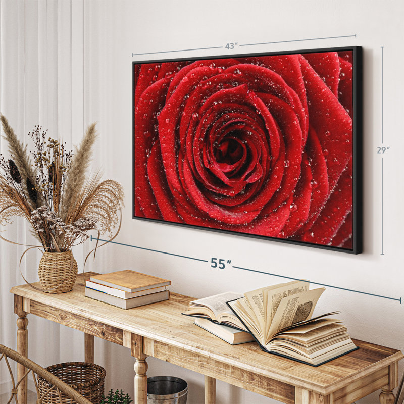 Floral et botanique «Rose rouge humide», art mural, H 29 po x l 43 po