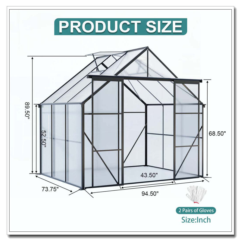 8X6FT-Black Double Door Polycarbonate Greenhouse Raised Base and Anchor Aluminum Heavy Duty Walk-in Greenhouses for Outdoor Backyard in All Season