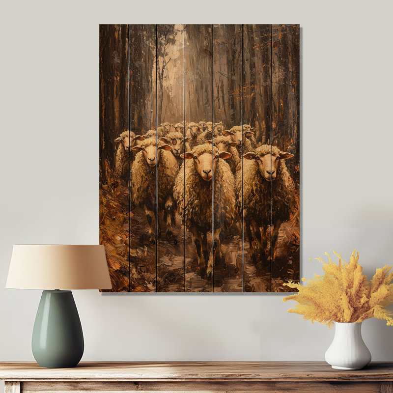 Minimalisme mouton Woolly Wanderers III - décoration murale en bois de mouton - sur bois de pin naturel, H 44 po x l 34 po
