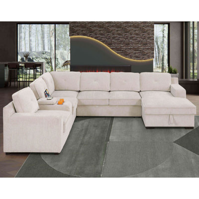 Latitude Run U-Shaped Upholstered Corner Sectional Sofa Bed Pull Out Sleeper Couch With Storage Chaise, Cup holder and USB