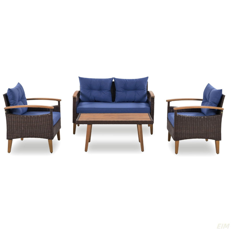 Mobilier de jardin 4 pièces, ensemble de sièges de patio, ensemble de canapé d'extérieur en rotin PE, table et pieds en bois