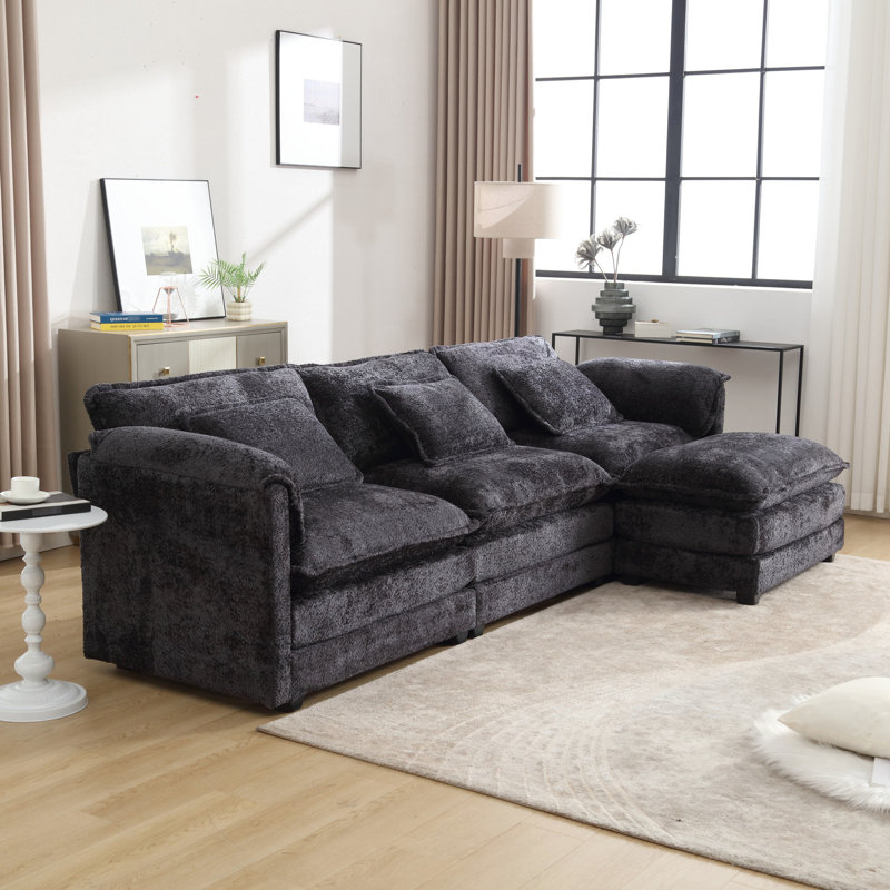 Grand canapé modulaire moderne en L en chenille avec pédales mobiles et détachable pour un espace spacieux et confortable