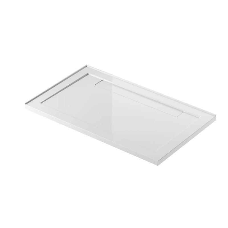 Base de douche rectangulaire en acrylique blanche 60 po x 36 po Kiara, installation à 3 murs avec bonde linéaire