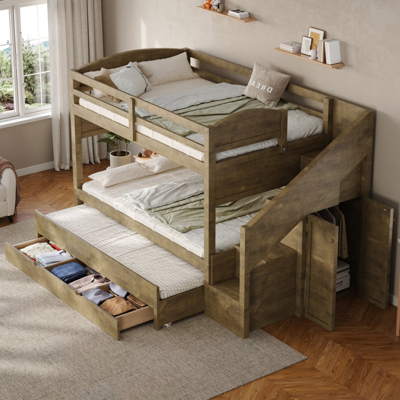 Lit simple superposé simple avec lit gigogne, escalier de rangement, garde-robe et 3 tiroirs, lit en bois de pin massif, blanc