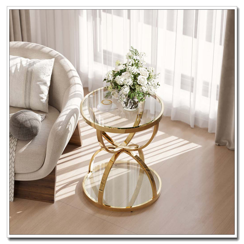 Table d'appoint moderne en verre 19,69 po avec 2 niveaux, Doré