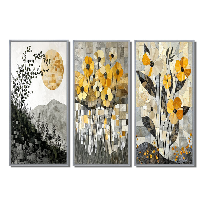 Fleur d'été en mosaïque sur une fleur de désert grise I - Collection de décorations murales couronne, Encadrement argenté
