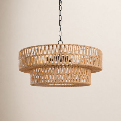 5-Light 21.6" Dimmable Hand-Woven Rattan Drum Chandelier