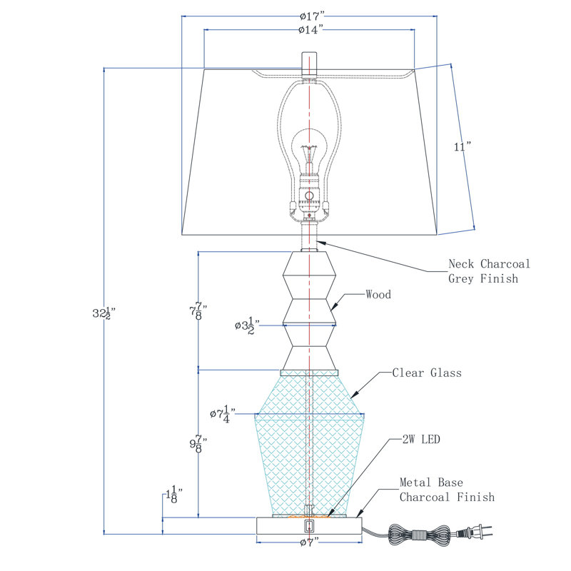 Lampe de table 33 po Hay, base en verre à motif de losanges, abat-jour en tissu blanc