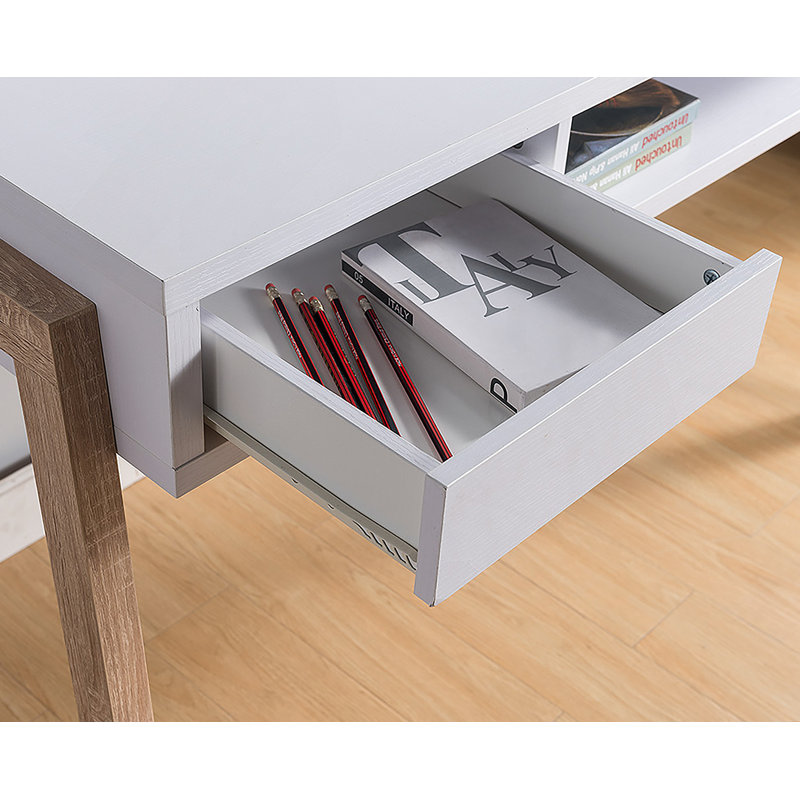 Bureau spacieux avec rangement caché, tiroir et prise de courant / USB en finition blanche et blanc vieilli