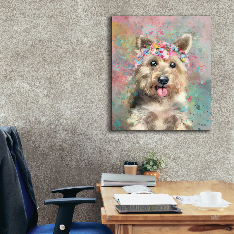 «Flower Crown Yorkshire Terrier» par Furbaby Affiliates, art mural sur toile, H 30 po x l 26 po x P 1,5 po