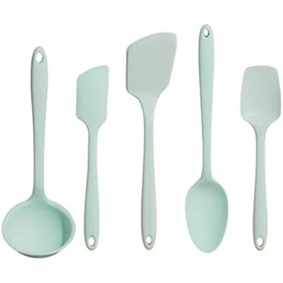 Ensemble de 5 ustensiles de cuisine en silicone – louche, spatule, poêle à retourner, cuillère et cuillère-cuillère – Ustensiles de cuisine non toxiques pour la cuisson et la pâtisserie avec des revêtements antiadhésifs – Menthe