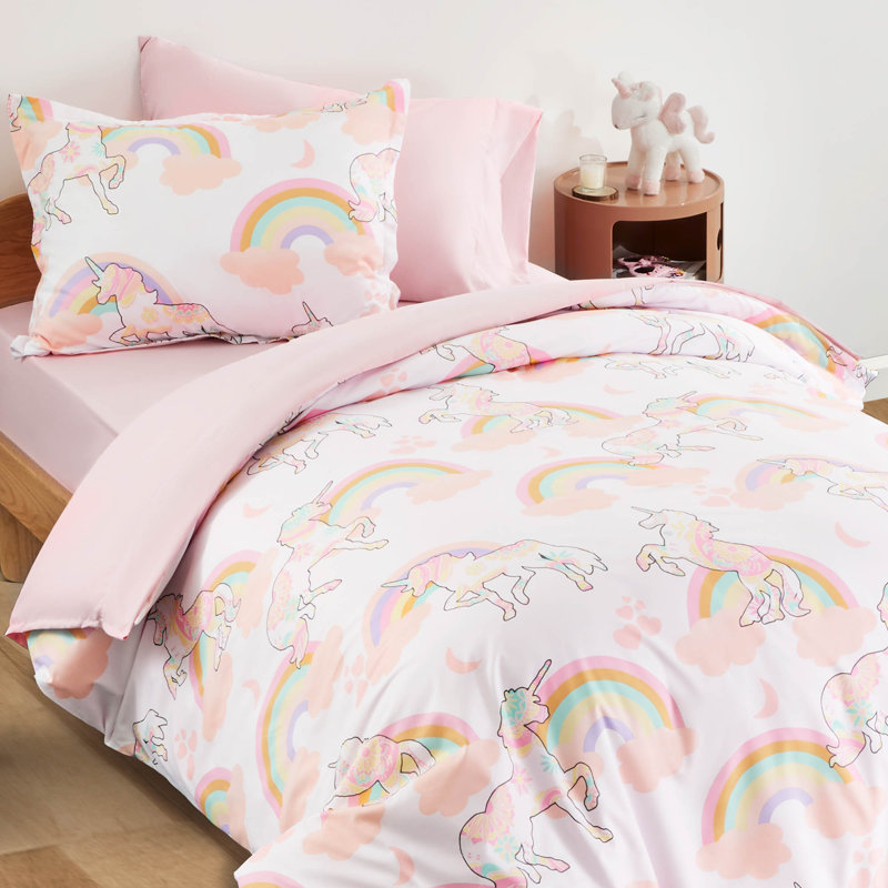 Pink Unicorn Reversible Microfiber Duvet Cover Set, Full/Queen Duvet Cover + 2 Standard Shams