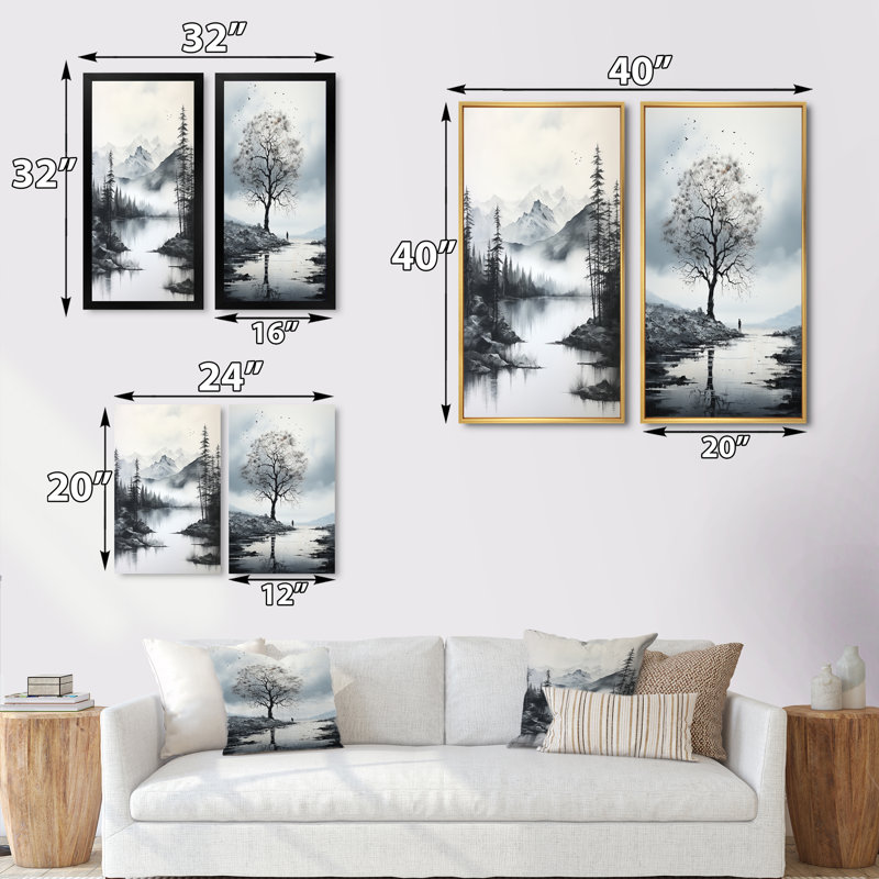 Arbre gris minimalisme solitude "Arbre gris minimalisme solitude" 2 pièces, H 32 po x l 32 po, Encadrement brun