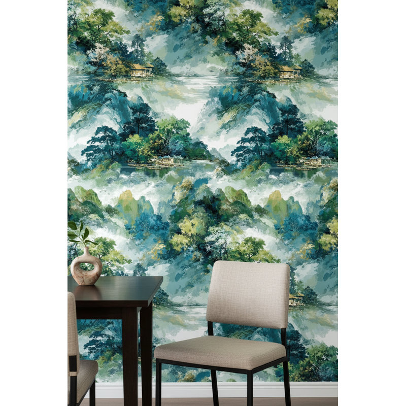Papier peint traditionnel paysage verdoyant d'inspiration asiatique