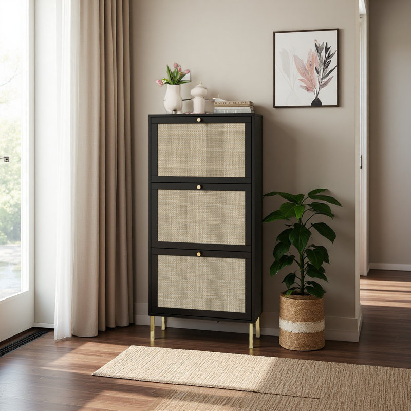 Étagère à chaussures en rotin 3 portes, armoire de rangement pour chaussures moderne autoportante, pour vestibule, Noir