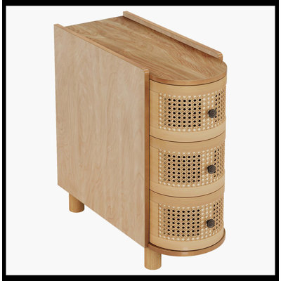 Wood End Table, 3-Drawer Side Table Nightstand With 3 Rattan Drawers
