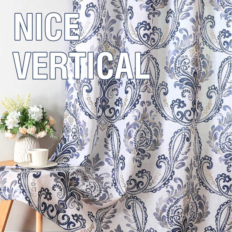Linen Curtains Damask Floral Natural Linen Textured Curtains for Living Room Drapes Vintage Floral Pattern Privacy Added Light Filtering Mid-Century Style 2 Panels