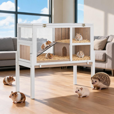 Wooden Guinea Pig Cages with Stand, 38" 2-Story Rabbit Hutch with Ramp, Leak-Proof Pull-Out Tray, Lockable Door