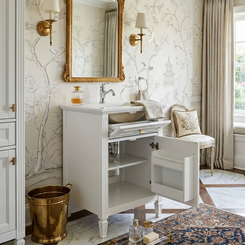 Meuble-lavabo autoportant compact de 20 po avec lavabo en céramique, armoire en bois d'hévéa massif avec tiroir inclinable, organisateur de porte intégré à 2 niveaux et tablette réglable (4 finitions disponibles)