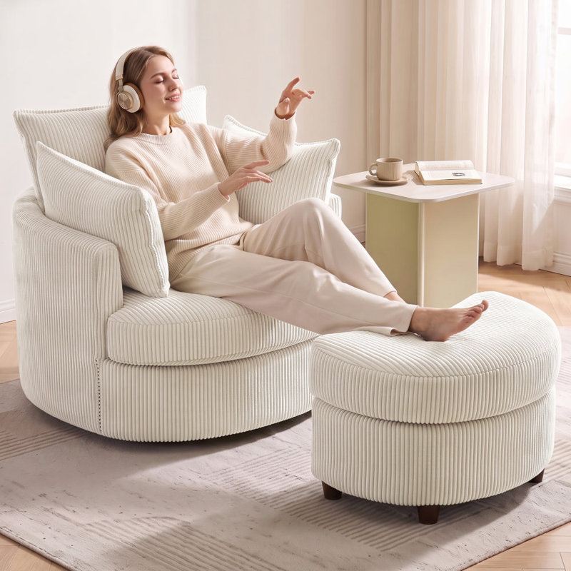 Corduroy Upholstered Swivel Barrel Accent Chair with Hidden Storage Ottoman, Round Lounge Chair for Living Room, White