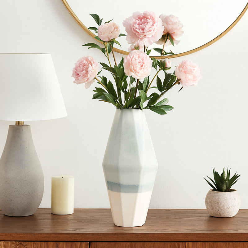Contemporary Faceted Flower Vase for Home Decor - Triple Tone Tall Vase Accent for Bedroom and Living Room Styling - Green & Ivory
