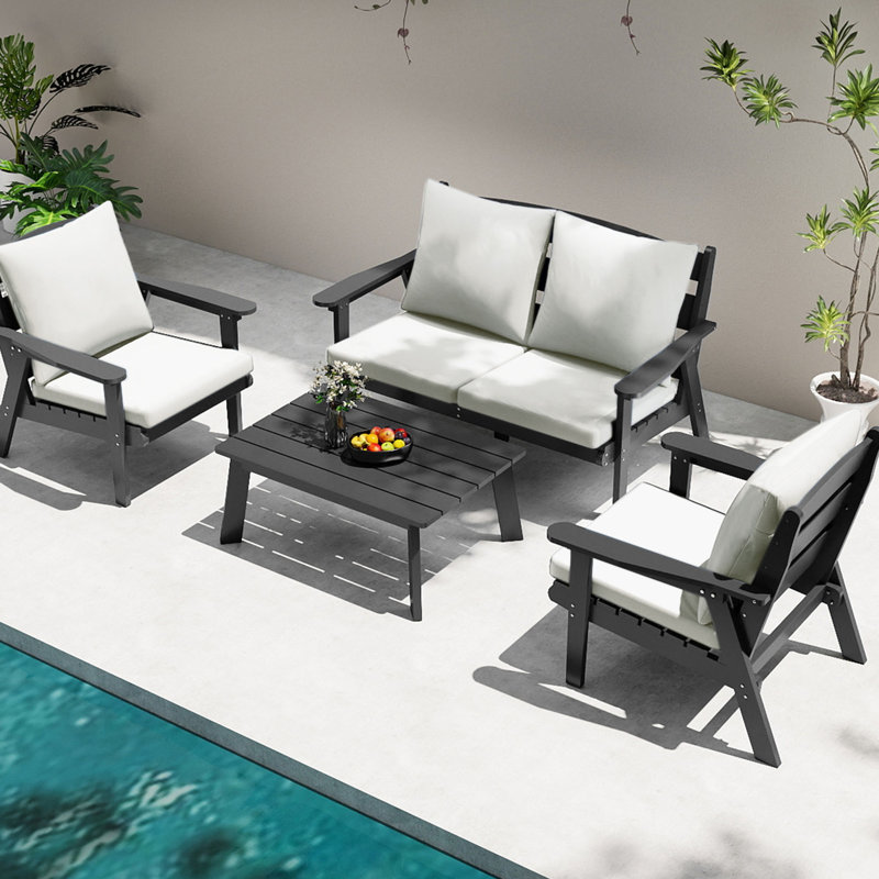 Outdoor Hdpe Terrace Furniture Sofa, Seating Group Of 2 Chairs With Cushions, Gray