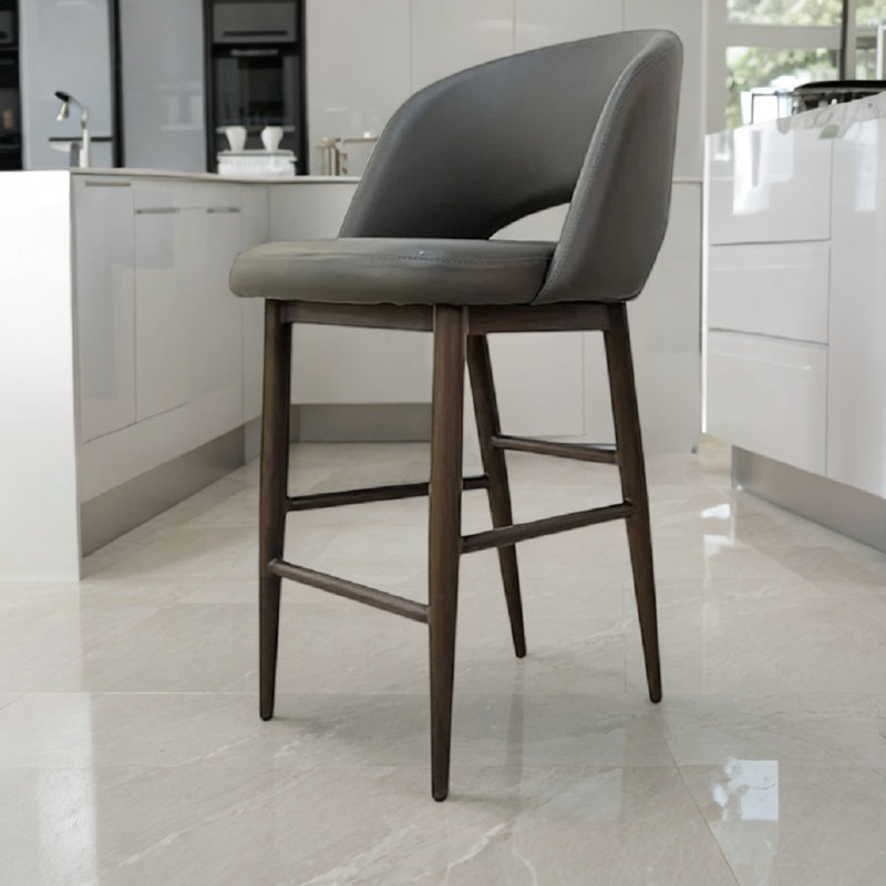 Tabouret Xaedyn classique en cuir de style Mid-Century moderne, bien que fabriqué, Gris