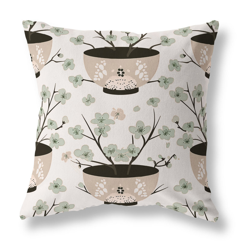 Coussin décoratif intérieur / extérieur Potting Cherry Blossoms, H 16 po x l 16 po, Vert/rose