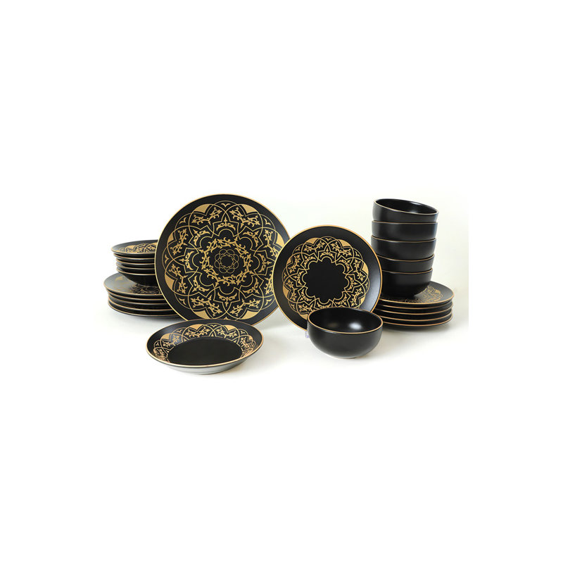 Elegant 24-Piece Ceramic Dinner Set, Black & Gold | 100% Antibacterial Ceramic, Easy to Clean | Includes 6 Service Plates (10.2 in), 6 Dinner Plates (7.5 in), 6 Bowls (4.7 in), 6 Dessert Plates (7.9 in) | Dishwasher Safe up to 122°F