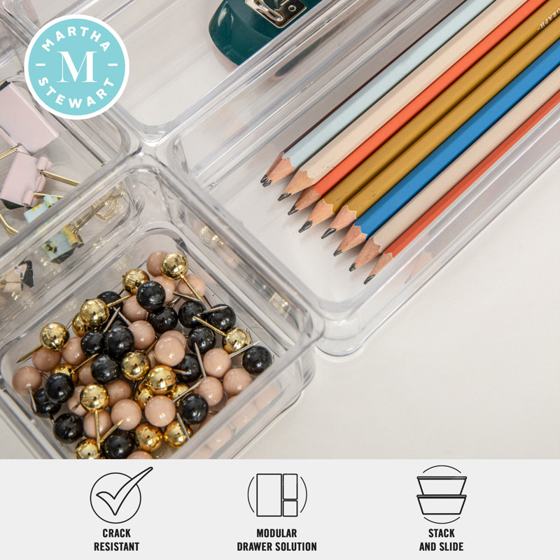 Martha Stewart Clear Plastic Stackable Desk Drawer Organizers, Set of 6