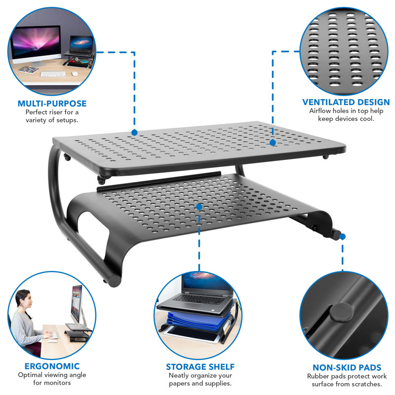 Black Metal Two-Tier Desktop Monitor Stand with Vented Design