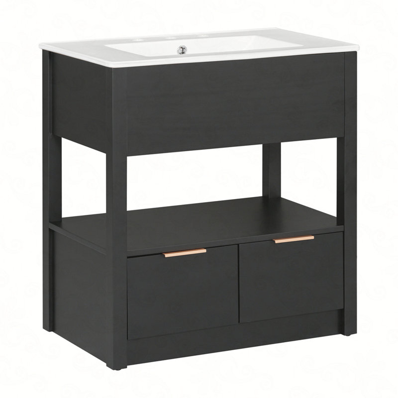 Meuble-lavabo 30 po avec comptoir d'évier, armoire de salle de bain avec tablette de rangement ouverte et deux tiroirs, Noir