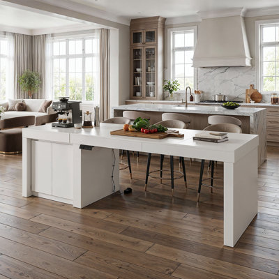 Grande table de bar / salle à manger de 110 po de large avec armoire de rangement, blanc