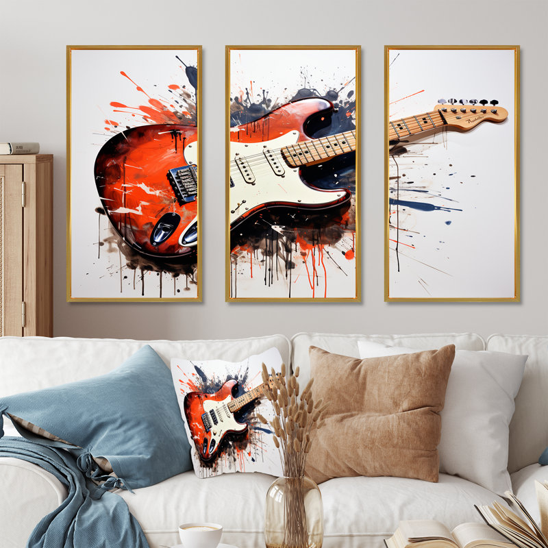 «Red Fluid Brown», guitare, art mural, Cadre flottant doré, H 28 po x l 36 po