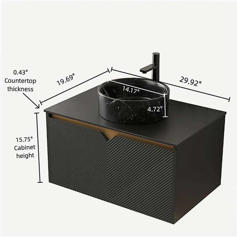 RUBEN 30" Bathroom Vanity&Sink, Wall-Mounted Floating Plywood Storage Cabinet, Twill Double Doors with Metal Trim, Black Round Ceramic Vessel Basin with Stone Pattern&Black Sintered Stone Top, Black