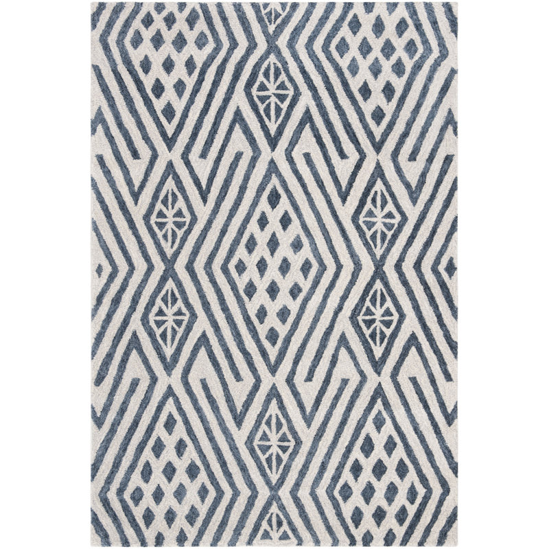 Tapis en laine / coton touffeté à la main Roswell - ivoire / bleu marine, Rectangle de 5 pi x 8 pi