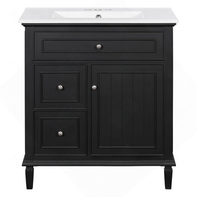 Meuble-lavabo 30 po avec lavabo, meuble-lavabo avec un tiroir rabattable et deux tiroirs, tablette réglable, bois massif et panneau de fibres à densité moyenne, noir
