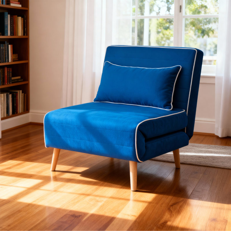 Fauteuil-lit moderne en velours pliable avec passepoil CANON - dossier réglable à 3 positions, se transforme en lit en 10 secondes, comprend un oreiller et un canapé-lit bleu compact