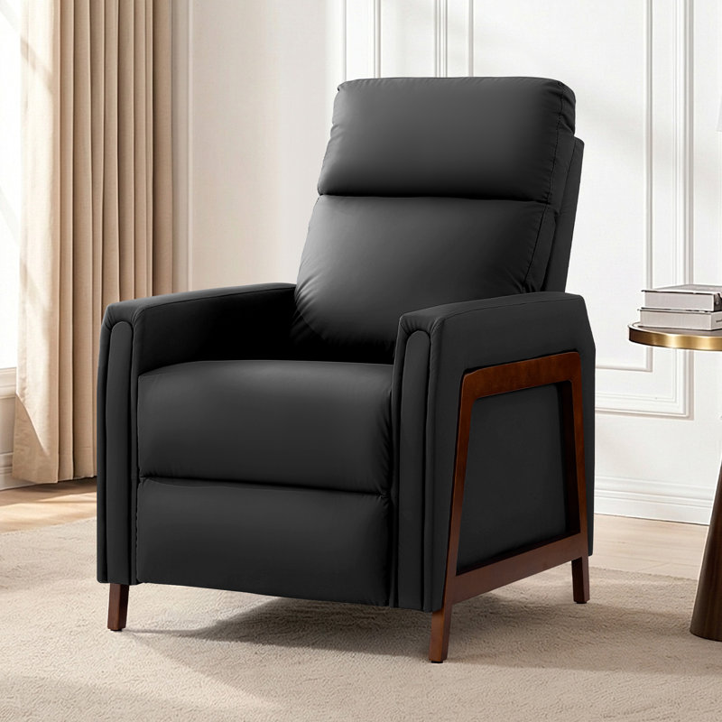 Mid-Century Modern Push-Back Wood-Framed Leather Recliner, Black