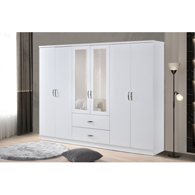 White 6 Door 2 Drawer Mirrored Wardrobe With Chrome Handles