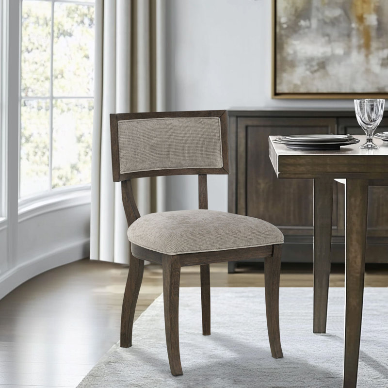 Marie Brown Upholstered Split-Back Dining Chairs with Curved Wood Frame, Beige/Brown