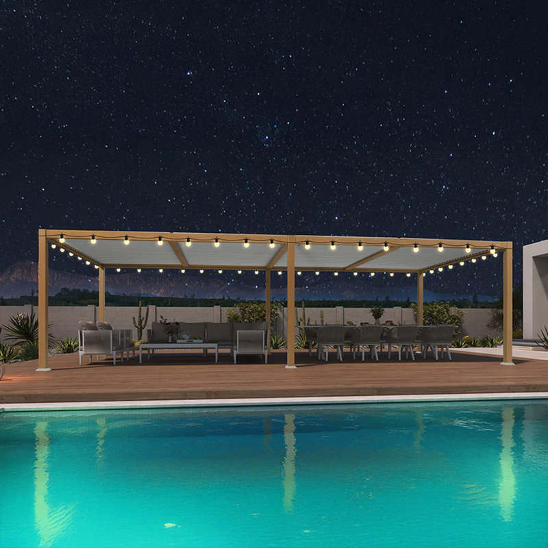 Pergola à persiennes en aluminium mauve à grain de bois réglable avec guirlandes de lumières pour terrasse et jardin