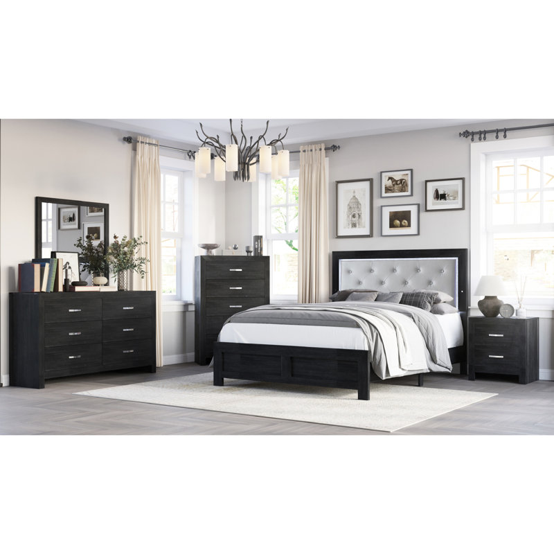 Très grand lit à panneau avec éclairage de tête de lit, finition noire, revêtement gris, bouton, tête de lit moderne pour meubles de chambre à coucher, similicuir, bois