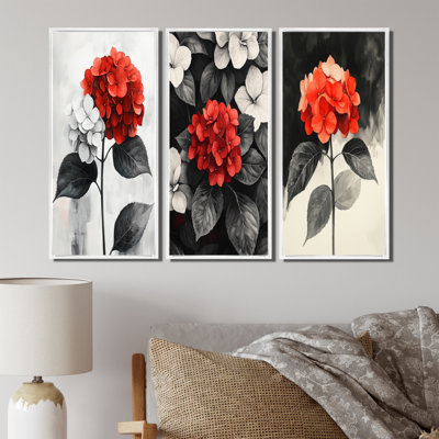 Monochrome Hydrangeas With Red Petal Accent I - Gold Hydrangea Wall Art Collection 3 Pieces