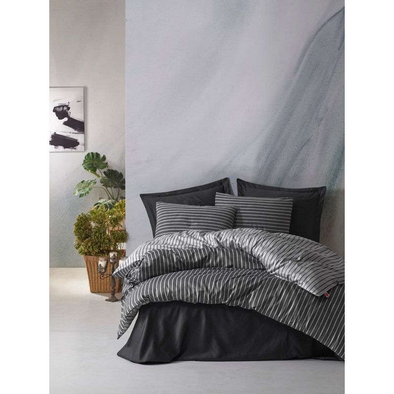 Ensemble de housse de courtepointe en bambou, 100% satin de coton et mélange de bambou, housse de couette 79 x 87, drap plat 94 x 102, taies d'oreiller 20 x 28 (4 pièces) | Imprimé réactif, lavable à la machine, élégant design gris anthracite