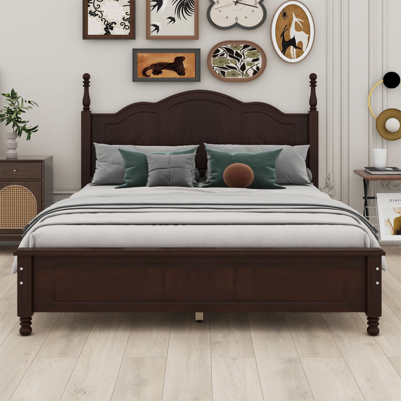 Structure de lit plateforme, lit plateforme de style rétro avec support en lattes de bois, Noyer, Double